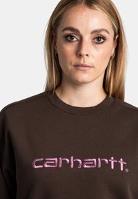 Felpa marrone con un grande logo "carhartt" ricamato in rosa. Il tessuto è testurizzato con un design classico a girocollo.