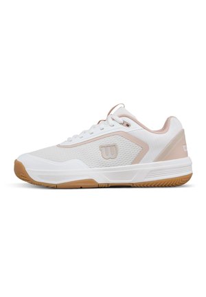 Hvid og beige lavtop atletiksneaker med snørebånd, netpanel i siden, gummisål og logo på siden og hælen.
