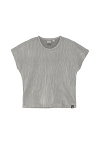 T-shirt gris coupé présentant une texture côtelée, des manches courtes larges et un col rond. Comprend une petite étiquette de marque au bas de l'ourlet.