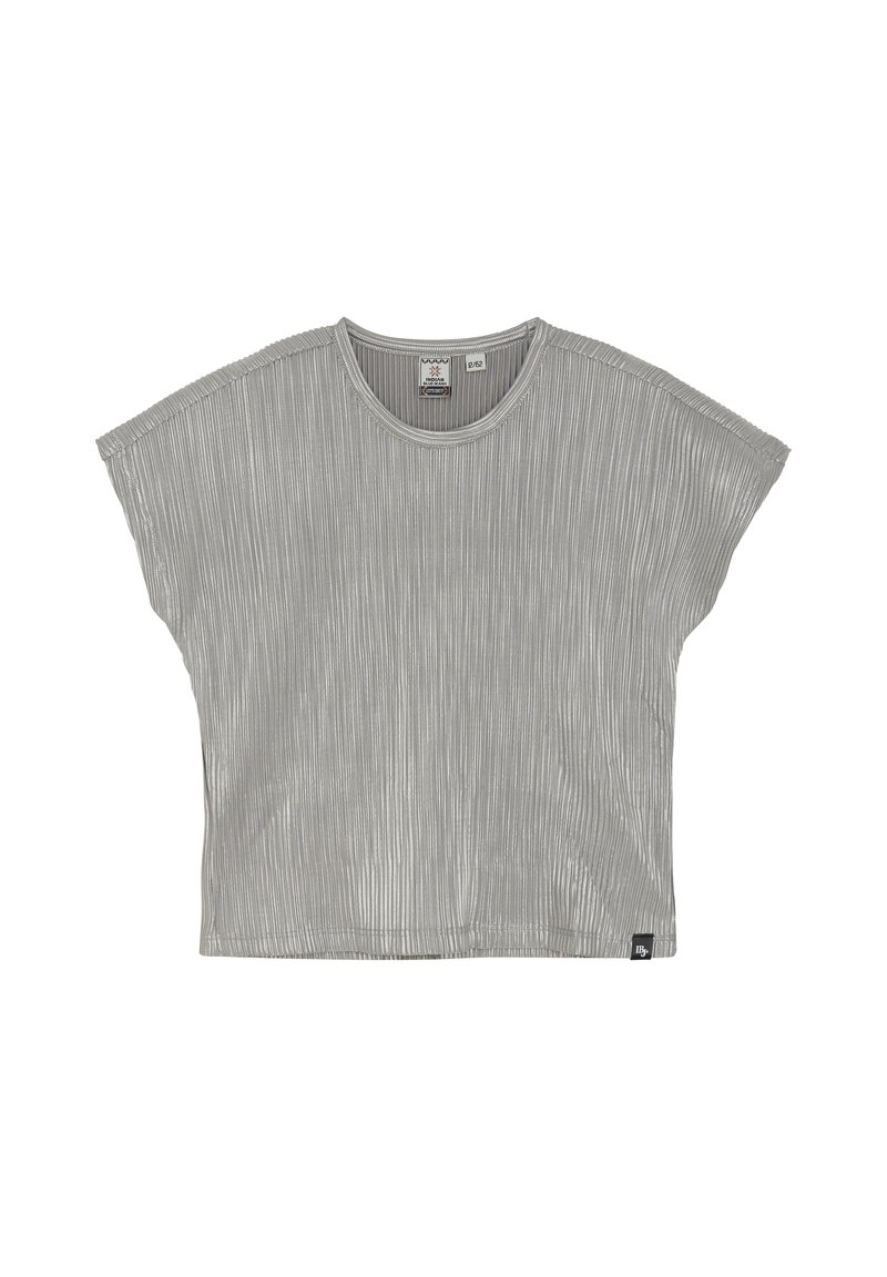 T-shirt gris coupé présentant une texture côtelée, des manches courtes larges et un col rond. Comprend une petite étiquette de marque au bas de l'ourlet.