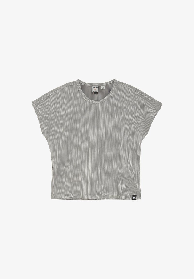 T-shirt gris coupé présentant une texture côtelée, des manches courtes larges et un col rond. Comprend une petite étiquette de marque au bas de l'ourlet.