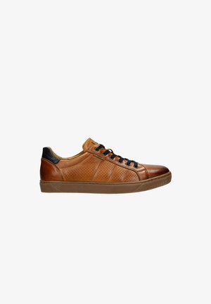 Braune Leder-Sneaker mit strukturierten Einsätzen, schwarzen Akzenten, runder Zehenpartie und schwarzen Schnürsenkeln. Verfügt über eine gepolsterte Sohle für zusätzlichen Komfort.