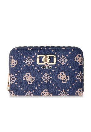 Marineblauwe GUESS portemonnee met gouden logo-embleem, ritssluiting en een patroon van beige monogram symbolen en stippen.