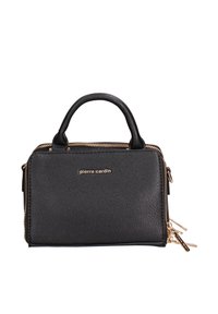 Borsa a mano in pelle nera con texture granulosa, chiusura con zip, doppi manici superiori e hardware color oro. Logo visibile sul frontale.
