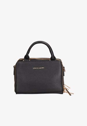Borsa a mano in pelle nera con texture granulosa, chiusura con zip, doppi manici superiori e hardware color oro. Logo visibile sul frontale.