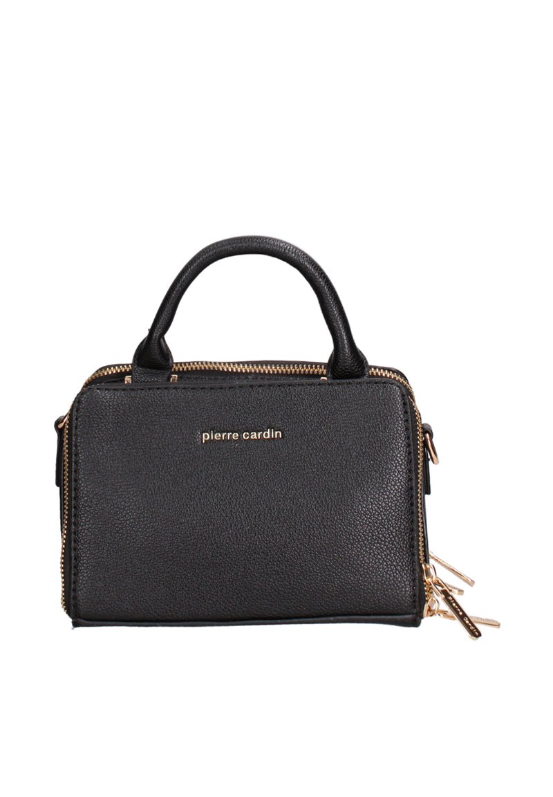 Borsa a mano in pelle nera con texture granulosa, chiusura con zip, doppi manici superiori e hardware color oro. Logo visibile sul frontale.