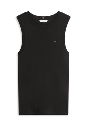 Schwarzes ärmelloses Tanktop mit Rundhalsausschnitt, kleinem Tommy Hilfiger Flaggenlogo auf der linken Brust und Etikett im inneren Nackenbereich.