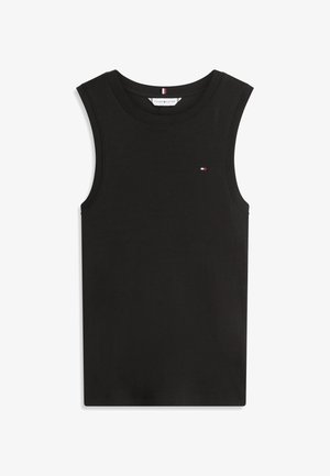 Must musta varrukateta ümarsuu tanktop, millel vasakul rinnal väikene Tommy Hilfigeri lipulogo ja kaeluse siseküljel silt.