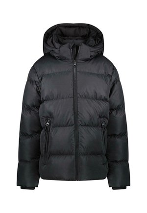 Zwarte pufferjack met een capuchon, gevoerd ontwerp, ritssluiting aan de voorkant en twee zijzakken. Glad, glanzend materiaal en verstelbare manchetten.