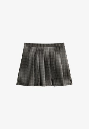 Zwart-witte houndstooth geplooide rok met een aangesloten tailleband en textuurstof, met een uitlopende silhouet en een lengte tot halverwege de dij.