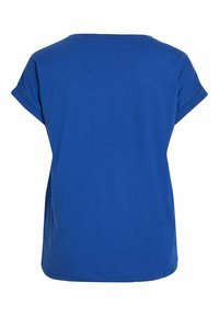 Krátký rukáv modré bavlněné tričko s kulatým výstřihem, volný střih a ohrnuté manžety. Hladká textura a žádné viditelné vzory ani loga.