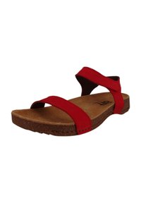 Sandalia roja con tiras, con una plantilla de corcho, que cuenta con dos correas de tela y una suela texturizada. Diseño minimalista sin acentos adicionales.