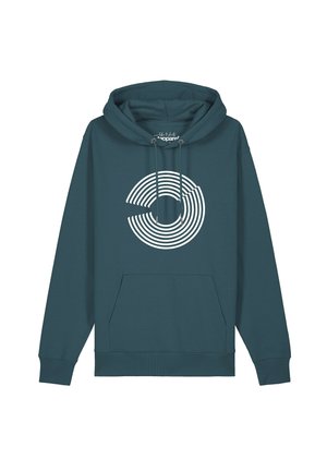 Türkisfarbener Kapuzenpullover mit Fronttasche und weißem, kreisförmigem geometrischem Muster aus konzentrischen Linien auf der Brust.