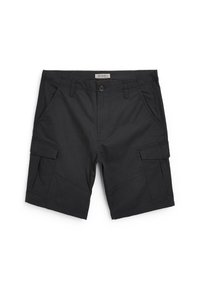 Schwarze Cargo-Shorts aus strapazierfähigem Stoff, mit mehreren Seitentaschen, gestickten Details, Knopfverschluss und klassischem Schnitt.