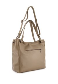Beige Leder Tote-Bag mit zwei Schulterriemen, texturiertem Finish und einem vorderen Reißverschlussfach für zusätzlichen Stauraum.