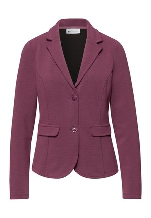 Paarse blazer met textuur, voorzien van een reverskraag, twee knopen aan de voorkant en twee klepzakken, een getailleerde pasvorm en lange mouwen.