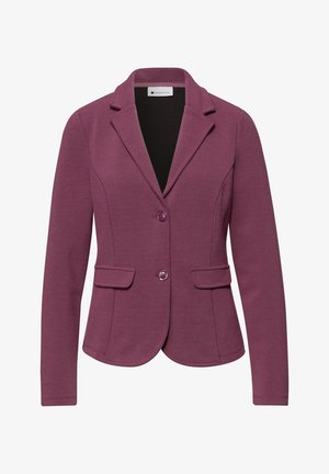 Fialové texturované sako s výstřihem do klínu, dvěma předními knoflíky a dvěma klopovými kapsami, přiléhavý střih a dlouhé rukávy.