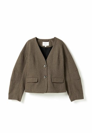Brown cropped wool jacket with a V-neck, long sleeves, two front flap pockets, and two silver buttons down the front.