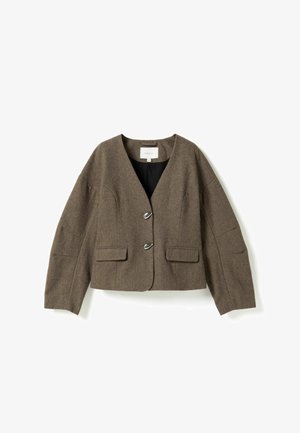 Brown cropped wool jacket with a V-neck, long sleeves, two front flap pockets, and two silver buttons down the front.