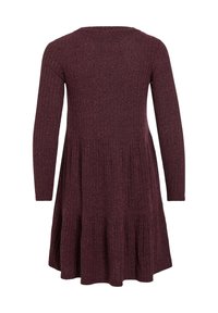 Šaty s dlouhým rukávem ve tmavě burgundské barvě, s jemně zvlněným povrchem a rozšířeným spodním lemem ve tvaru vrstev. Z pohledu zpoza se objevuje kulatý výstřih.