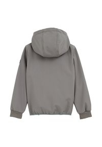 Szara bluza z kapturem o gładkiej powierzchni, elastycznych mankietach i lekko zebranym dolnym wykończeniu. Detale przeszyć oraz minimalistyczny design.