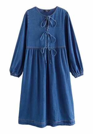 Blue denim midi dress with long puffed sleeves, elastic cuffs, three front tie closures, and gathered waistline.