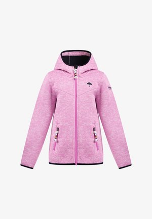 Pink fleece jacket with a hood, featuring contrasting dark cuffs, zippers, and decorative accents on pocket pulls. Lightweight and textured.