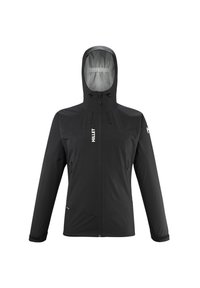 Schwarze wasserdichte Jacke mit passender Kapuze, durchgehendem Reissverschluss, verstellbaren Kordeln und zwei Fronttaschen. Glatte Textur mit minimalem Branding.