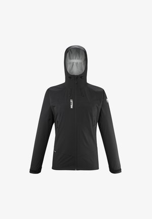 Schwarze wasserdichte Jacke mit passender Kapuze, durchgehendem Reissverschluss, verstellbaren Kordeln und zwei Fronttaschen. Glatte Textur mit minimalem Branding.