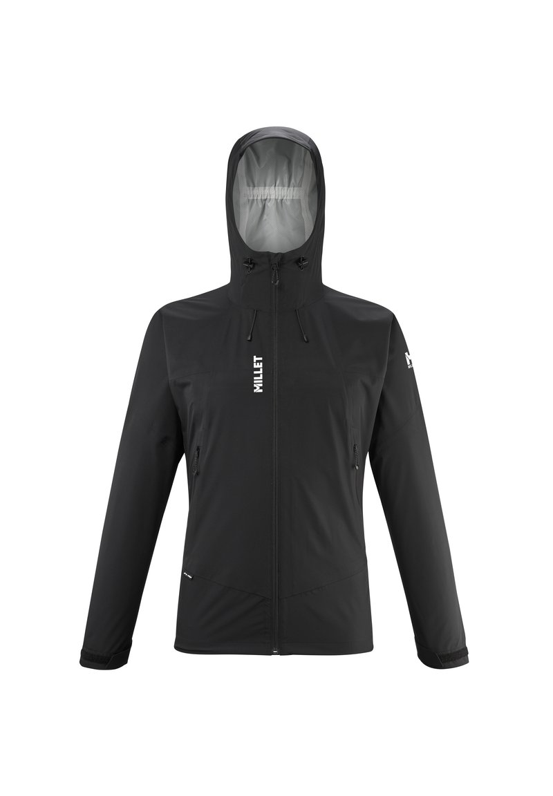 Schwarze wasserdichte Jacke mit passender Kapuze, durchgehendem Reissverschluss, verstellbaren Kordeln und zwei Fronttaschen. Glatte Textur mit minimalem Branding.