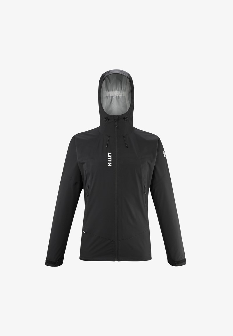 Schwarze wasserdichte Jacke mit passender Kapuze, durchgehendem Reissverschluss, verstellbaren Kordeln und zwei Fronttaschen. Glatte Textur mit minimalem Branding.