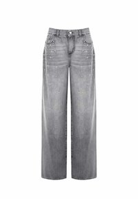 Jeans in denim grigio a gamba larga con vita alta, caratterizzati da sottili decorazioni, cinque tasche e vestibilità comoda. Aspetto usurato presente.