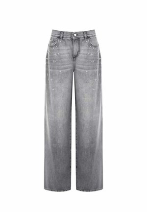 Jeans in denim grigio a gamba larga con vita alta, caratterizzati da sottili decorazioni, cinque tasche e vestibilità comoda. Aspetto usurato presente.