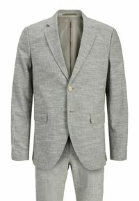 Blazer gris claro hecho de una tela texturizada, con cierre de un solo botón, cuello de solapa y dos bolsillos frontales. El interior está forrado en un tono más claro.