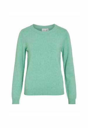 Zacht mintgroen sweater met een ronde halslijn en lange mouwen, met ribbelstructuur bij de manchetten en de zoom, weergegeven tegen een witte achtergrond.