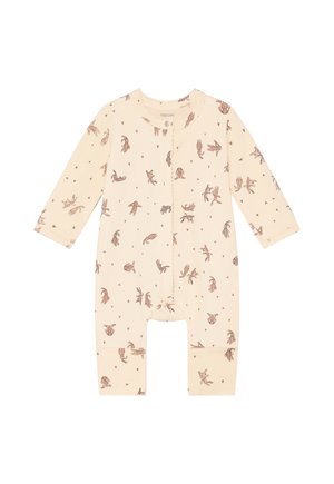 Crèmekleurige babyromper met lange mouwen, bruine konijnenprint, drukknopen aan de voorkant en een gegolfde rand aan de manchetten en pijpen.