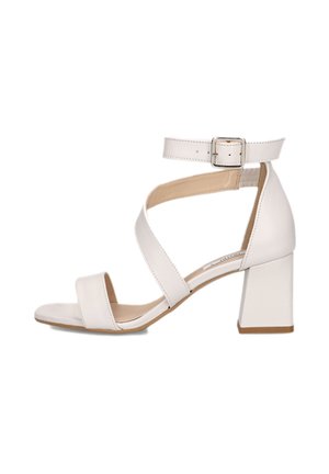 Witte leren sandalen met hak, enkelriem met gesp, blokhak en een voorste teenriem.