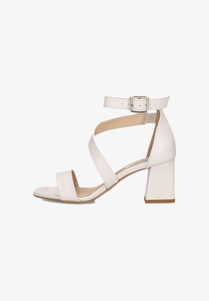 Witte leren sandalen met hak, enkelriem met gesp, blokhak en een voorste teenriem.