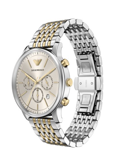 Chronograph-Uhr in Silber- und Goldton mit rundem Zifferblatt mit Sonnenstrahleffekt, drei Unterzifferblättern und einem bicoloren Metallarmband.