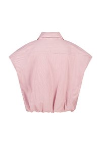 Punainen ja valkoinen raidallinen paita, jossa on leveä kaulus ja rypistetty helma. Valmistettu kevyestä kankaasta, jossa on väljä istuvuus.