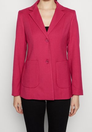 Fuchsia-Blazer mit Reverskragen, zwei vorderen Taschen und zwei Knopfverschluss; bietet eine taillierte Passform und strukturierter Stoff.
