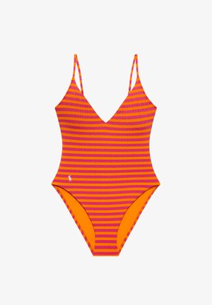 Ολόσωμο μαγιό με λεπτές τιράντες, οριζόντιες πορτοκαλί και ροζ ρίγες, ντεκολτέ V και μικρό κεντητό λογότυπο στο αριστερό ισχίο.