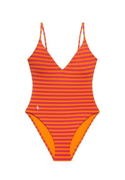 Ολόσωμο μαγιό με λεπτές τιράντες, οριζόντιες πορτοκαλί και ροζ ρίγες, ντεκολτέ V και μικρό κεντητό λογότυπο στο αριστερό ισχίο.