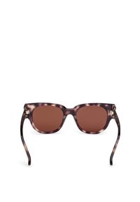 Tortoiseshell sunglasses with brown lenses, rectangular shape, and metallic accents on the temples. Glossy finish with sleek, curved arms.