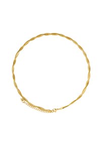 Goldplattierte Halskette mit verdrehtem Design, glatter Textur und einem Karabinerverschluss mit Verlängerungskette zur Größenanpassung.