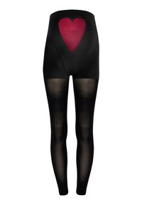 Zwarte panty's met een effen zwarte body en een groot rood hartpatroon op de achterkant, met een gladde textuur en een ondoorzichtige afwerking.