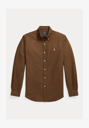 Pruun pikkade varrukatega nööbitav särk, kraega ja vasakul rinnal valge tikandiga Polo Ralph Laureni logo.