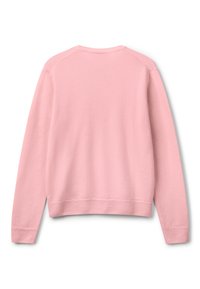 Rosa tröja med en mjuk textur, långa ärmar, ribbade muddar och en rundad halsringning. Bakre vy visar en slät, jämn yta.