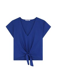 Modrá, krátká rukávová blůza z měkké látky s hlubokým výstřihem do V a uzlem vpředu v pase. Jednoduchý, uvolněný design.