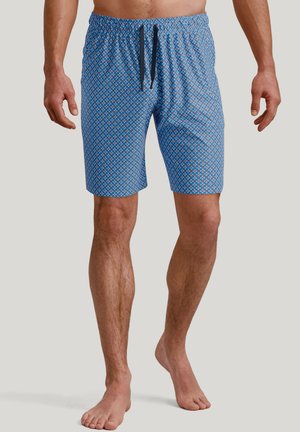 Shorts de bain bleus avec un motif géométrique, taille élastique et cordon de serrage. Tissu léger, coupe à mi-cuisse et texture lisse.